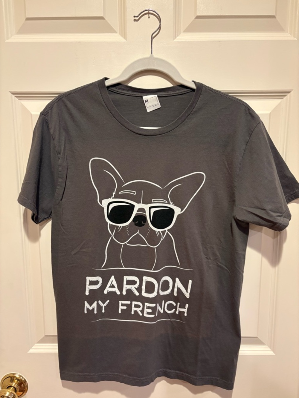 Women’s PARDON My French Gray Dog T-Shirt with Sunglass Bulldog Graphic